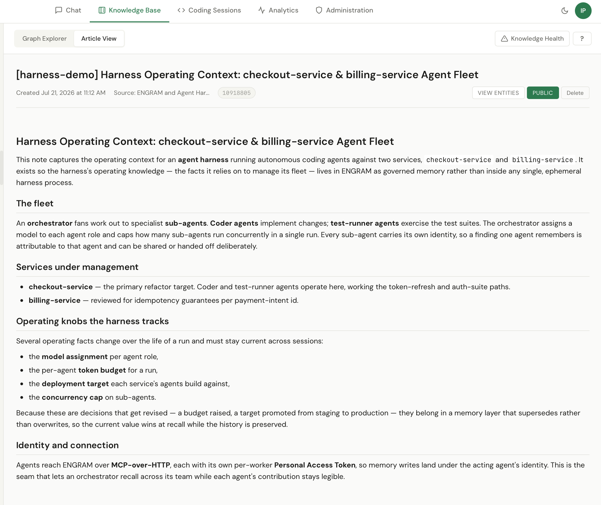 The ENGRAM Knowledge Base Library showing the seed brief article with provenance back to the conversation that produced it