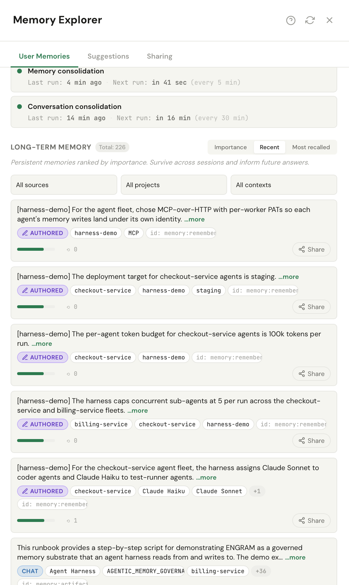 The Memory Explorer long-term memory list showing the four operating facts, each badged AUTHORED and ACTIVE