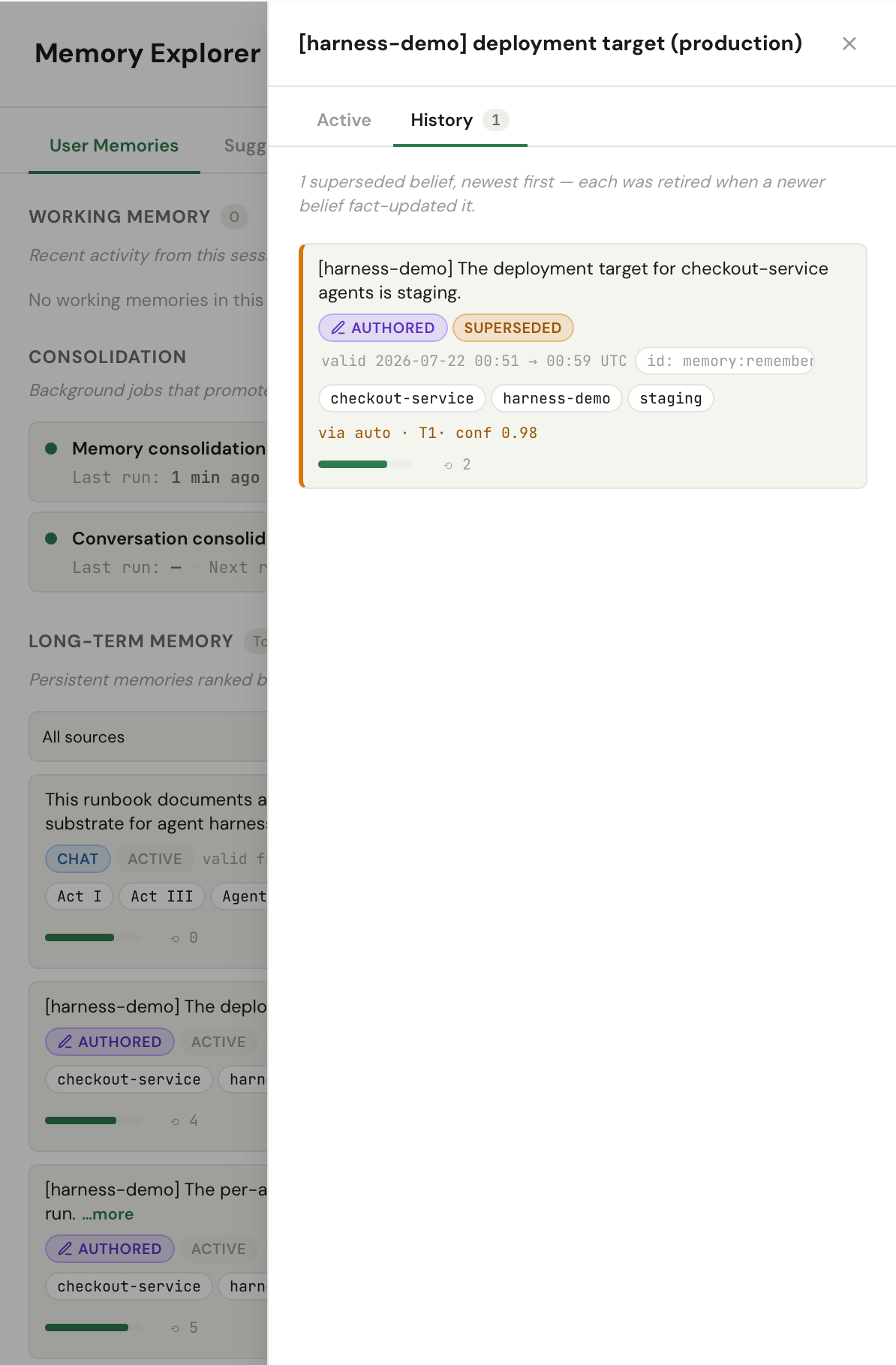 The version history showing an automatic T1 supersession of the staging fact at confidence 0.98, next to the manual revise for contrast