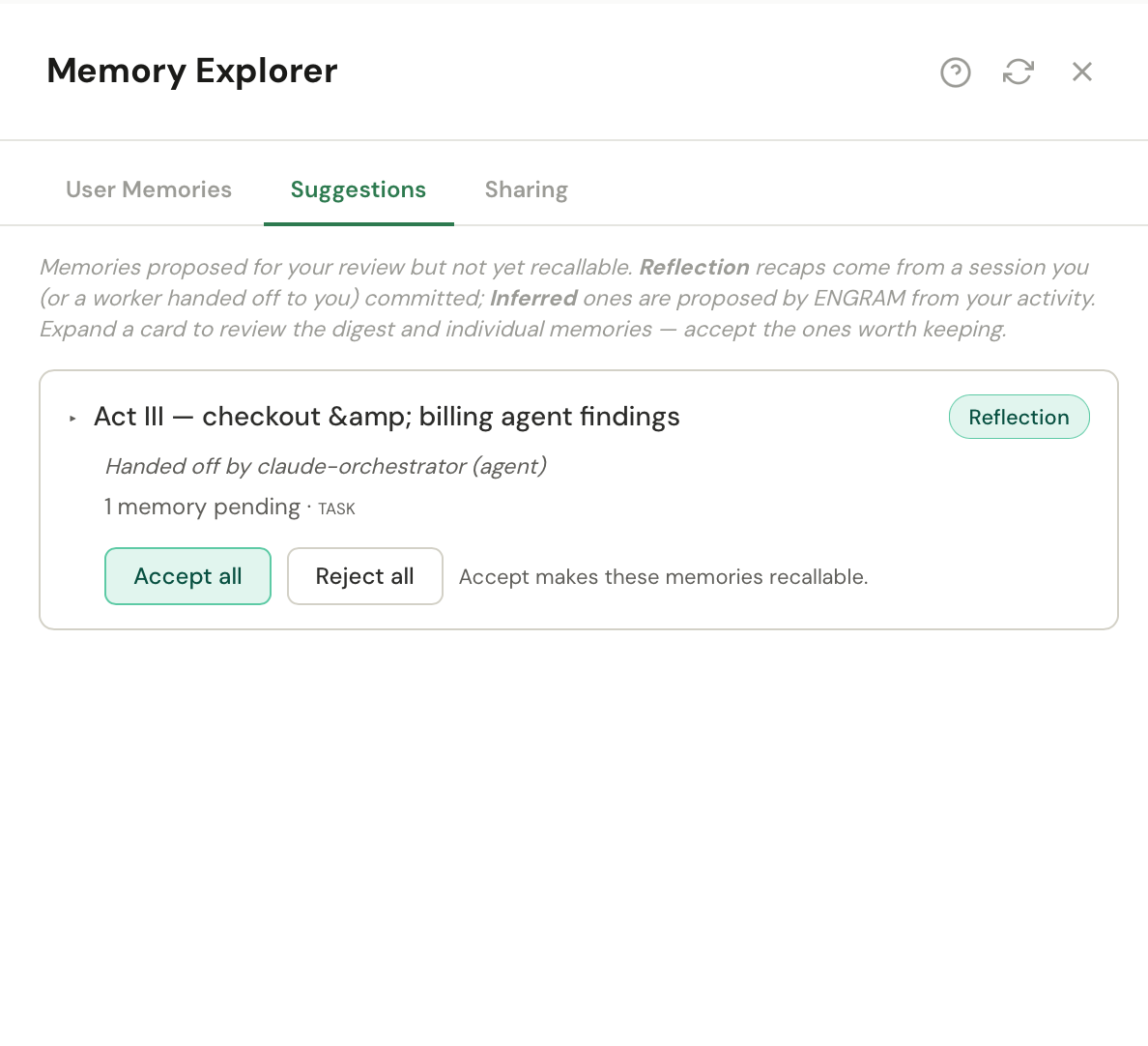 The Suggestions inbox showing a hand-off awaiting review, with the authoring agent named