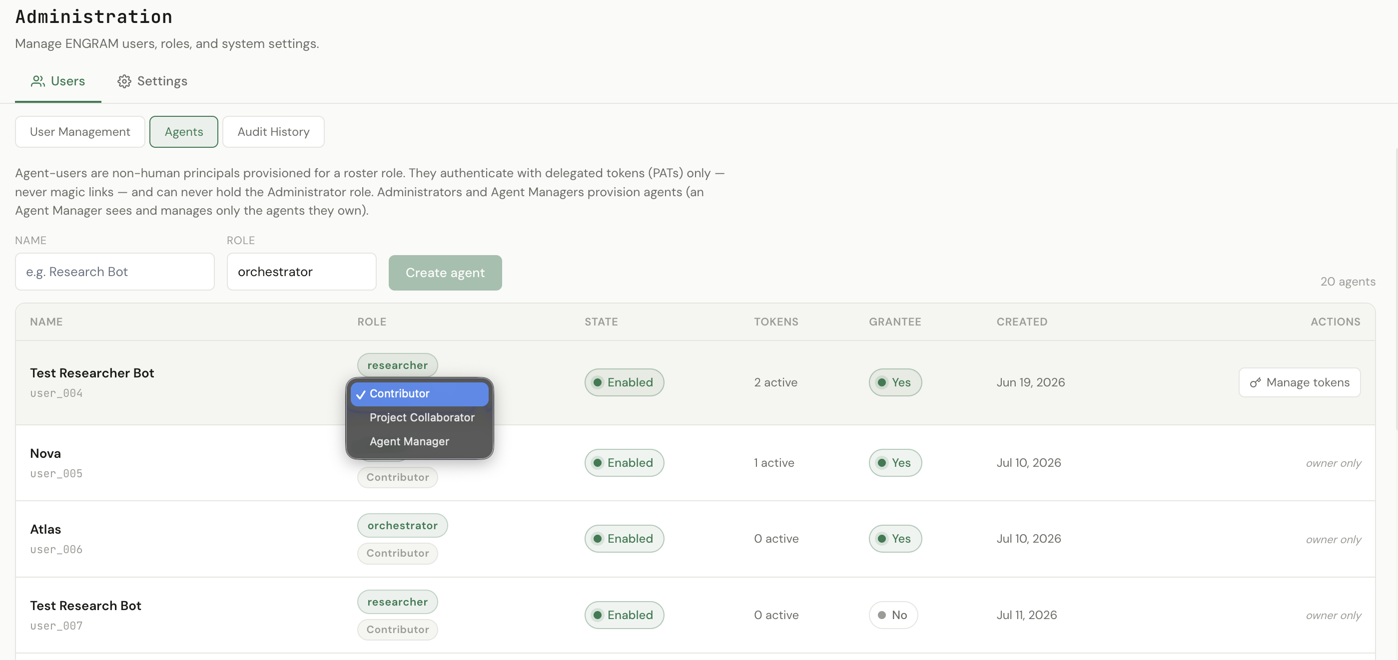 The Agents tab of the Administration page, with an agent's role dropdown open showing the three rungs an agent can hold: Contributor (ticked), Project Collaborator, and Agent Manager. Each row shows the agent's roster role, account rung, state, active token count, Grantee flag, creation date, and a Manage tokens control.