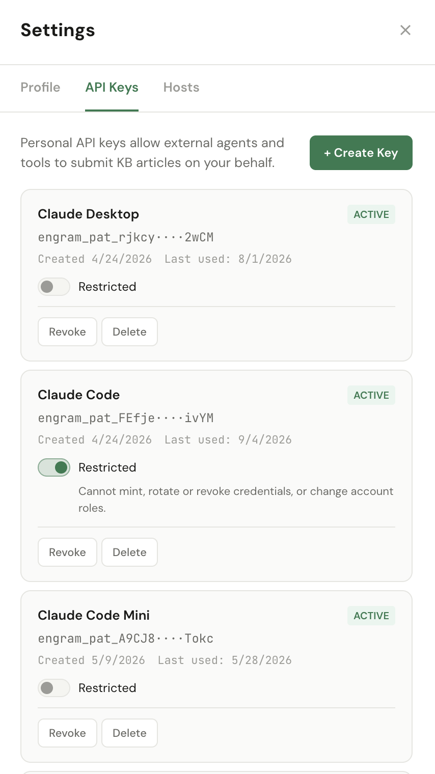 Settings, API Keys tab, showing three active Personal Access Tokens named Claude Desktop, Claude Code and Claude Code Mini, each with its truncated engram_pat_ prefix, creation and last-used dates, a Restricted toggle, and Revoke and Delete buttons. The Claude Code token has Restricted switched on, with the note: Cannot mint, rotate or revoke credentials, or change account roles.