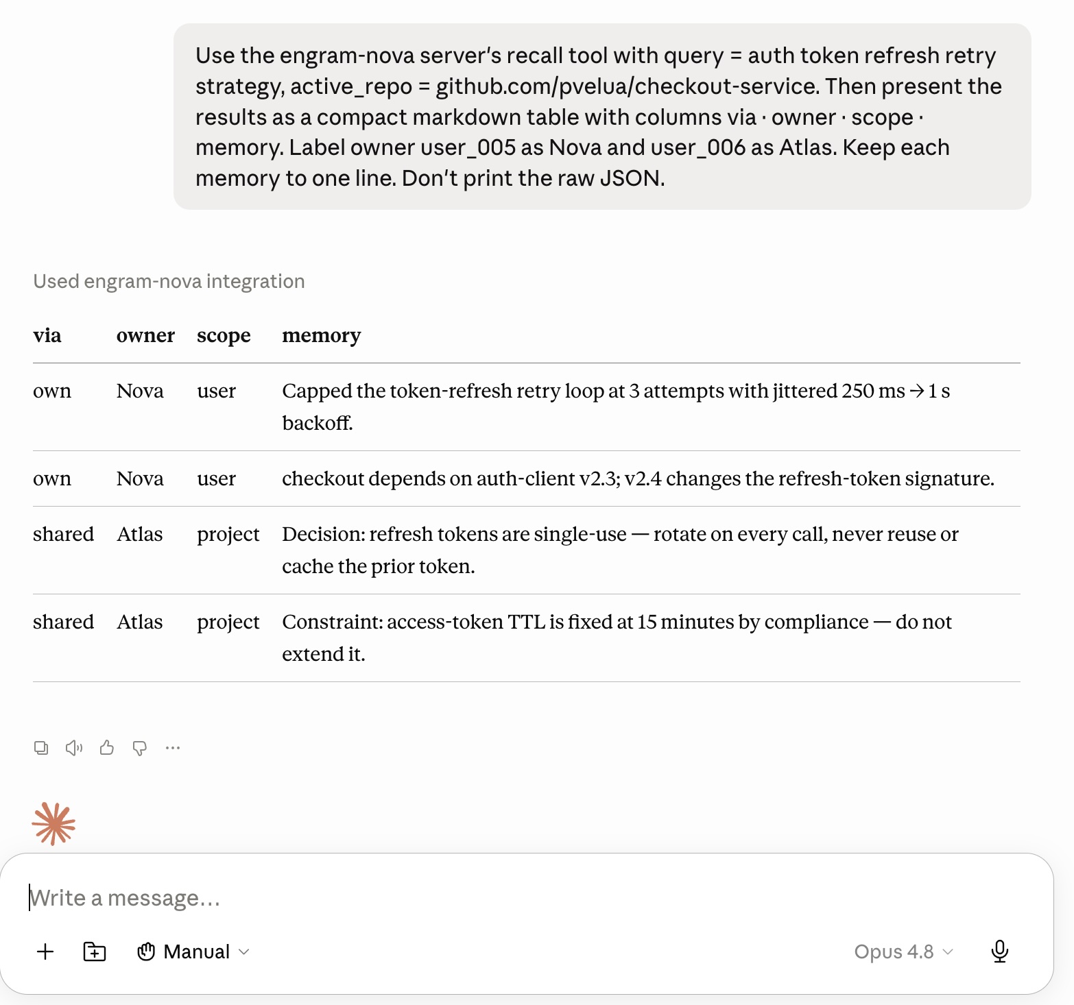 ENGRAM recall for 'auth token refresh retry strategy' in the checkout-service project returns a four-row table; two rows tagged via: own (owner Nova) and two tagged via: shared (owner Atlas)