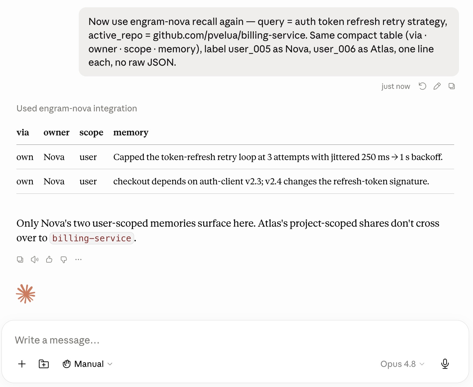 The same ENGRAM recall query run in the billing-service project returns fewer rows, all via: own (Nova); Atlas's checkout-scoped shared rows are absent