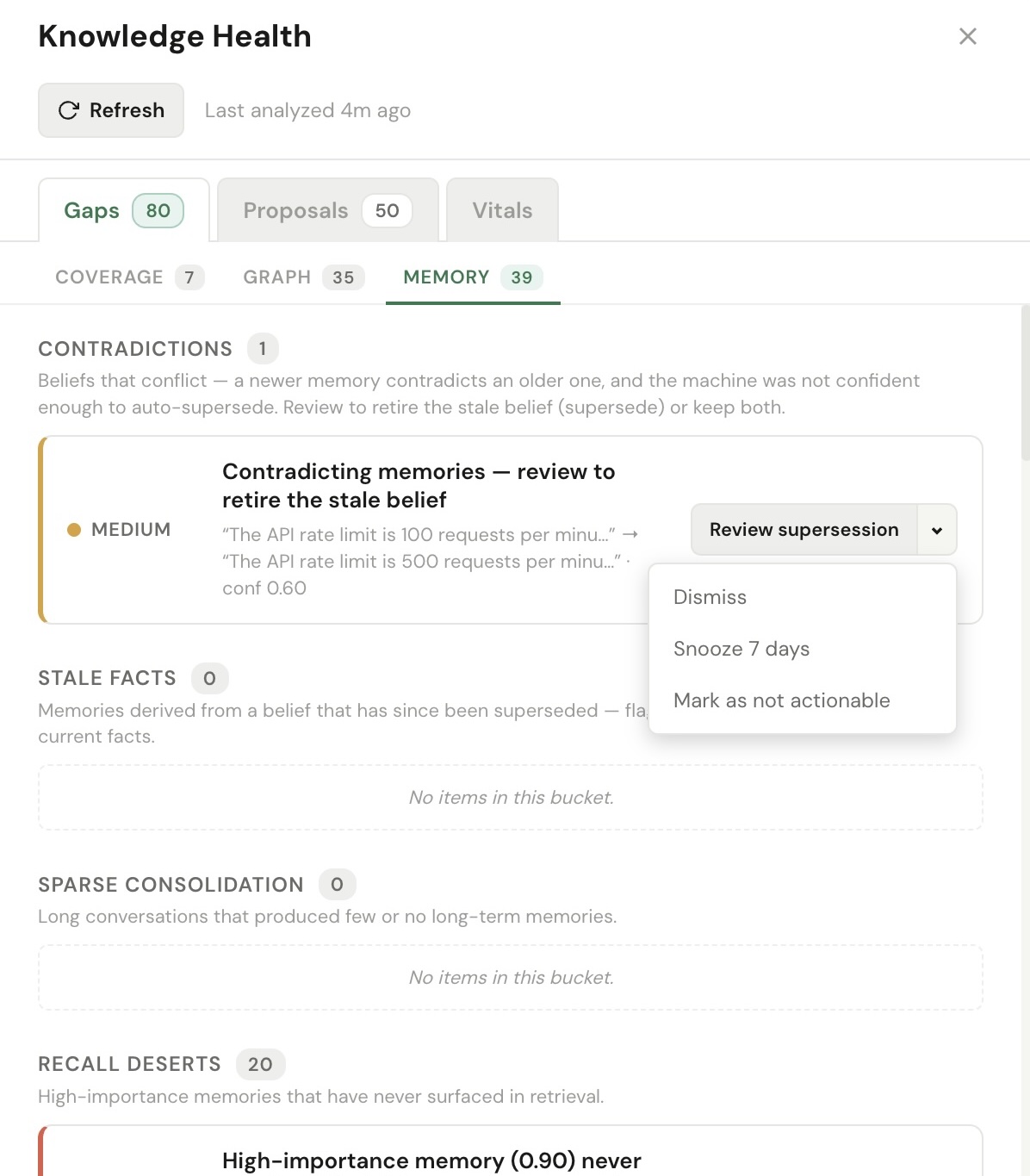 ENGRAM Knowledge Health panel, Gaps → Memory sub-tab, showing a Contradictions bucket with one row: two conflicting beliefs about an API rate limit and a Review supersession action button