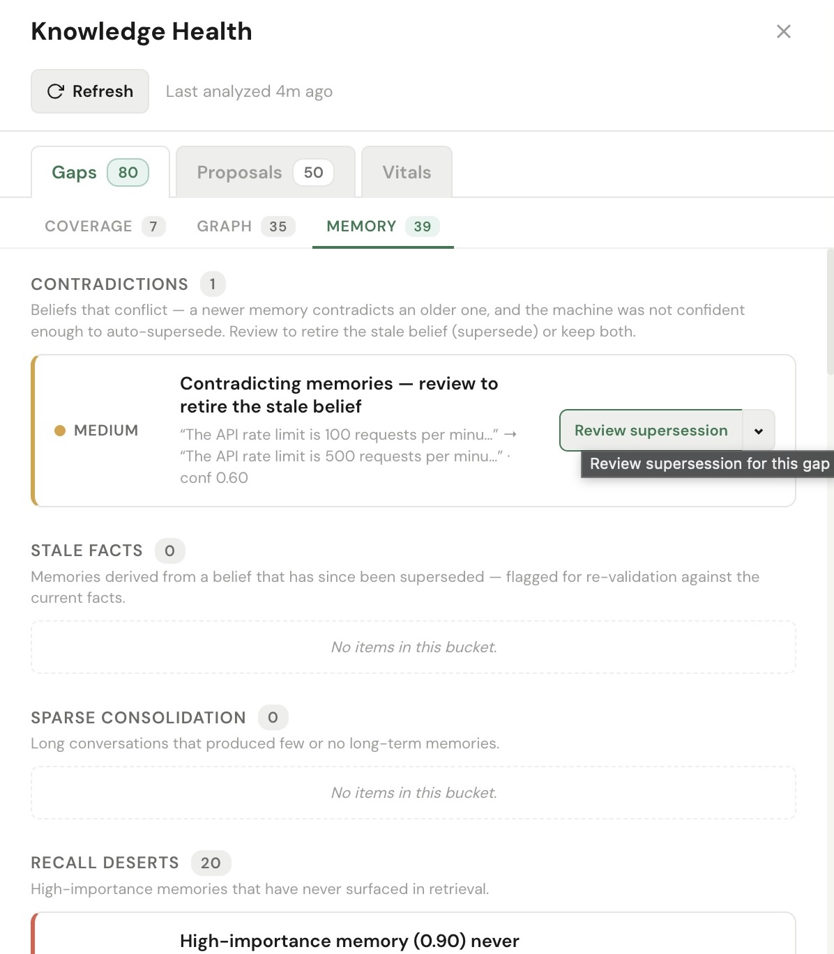 A contradiction row in the Memory Contradictions bucket showing both conflicting beliefs and a confidence score, with the Review supersession button